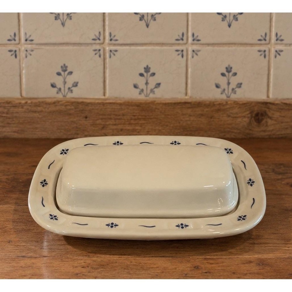 Longaberger Pottery Woven Traditions Heritage Blue Covered Butter Dish Made USA